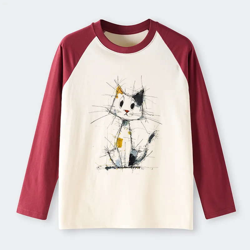 Tokyo-Tiger Minimal Splash Ink Cute Cat Raglan Long Sleeve T-shirt
