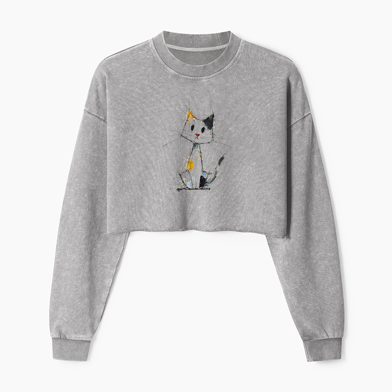 Tokyo-Tiger Minimal Splash Ink Cute Cat Washed Crop Sweatshirt