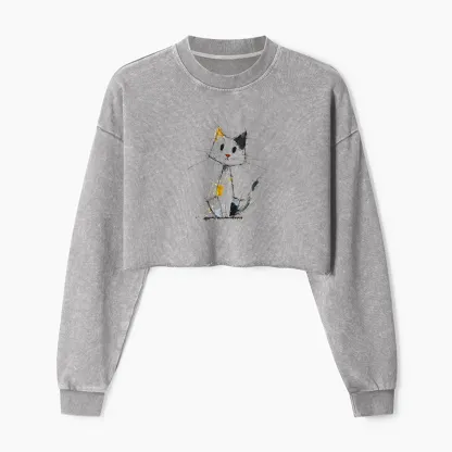 Tokyo-Tiger Minimal Splash Ink Cute Cat Washed Crop Sweatshirt