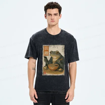 Tokyo-Tiger Funny Frog Eating Ramen Washed T-Shirt