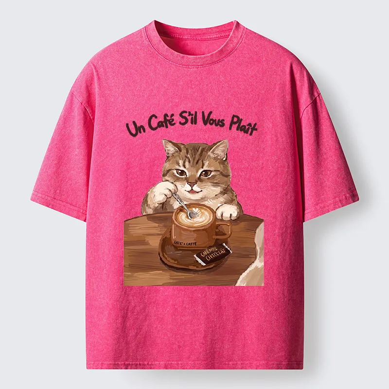 Tokyo-Tiger Cat Stirring Coffee Washed T-Shirt
