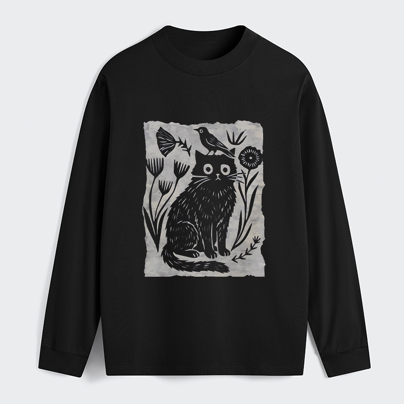 Tokyo-Tiger Folk Paper Cut Cat Bird Floral Art Classic Long Sleeve T-Shirt
