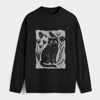Tokyo-Tiger Folk Paper Cut Cat Bird Floral Art Classic Long Sleeve T-Shirt