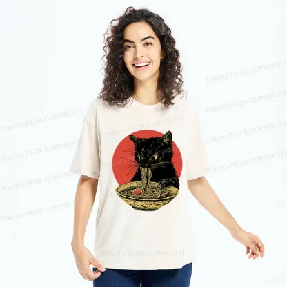 Tokyo-Tiger Retro Black Cat Eating Ramen Washed T-Shirt