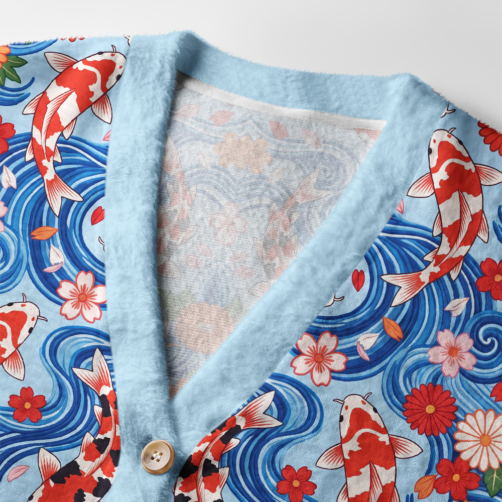 Tokyo-Tiger Dancing Koi In Blue Waves Ugly Cardigan Sweater