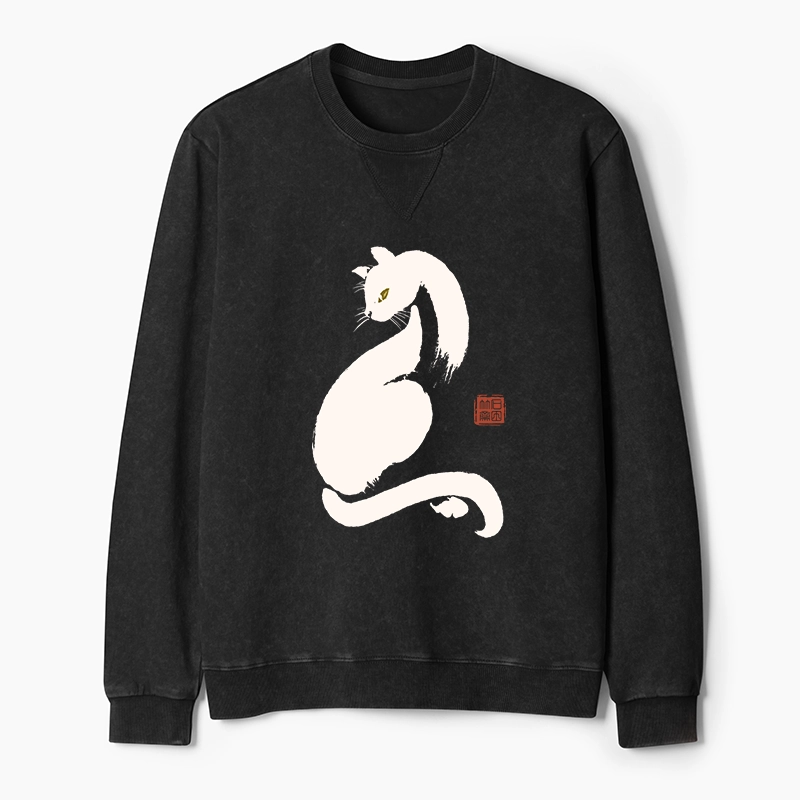 Tokyo-Tiger Elegant Black Cat Japan Washed Terry Sweatshirt