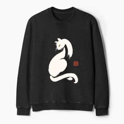 Tokyo-Tiger Elegant Black Cat Japan Washed Terry Sweatshirt