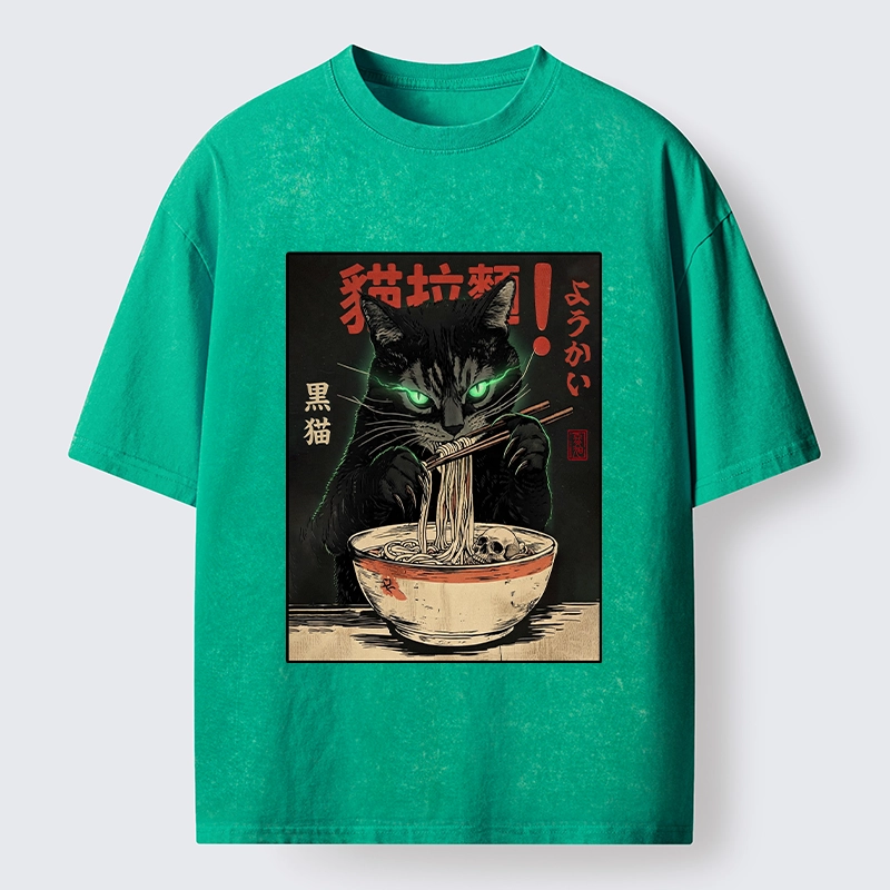 Tokyo‑Tiger Black Cat Ramen Feast Washed T‑Shirt