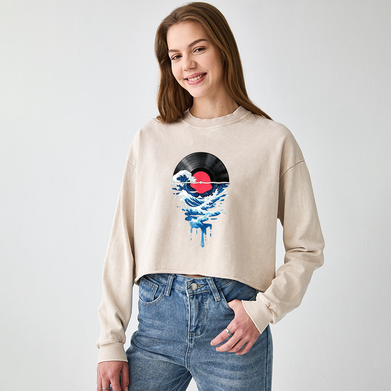Tokyo-Tiger Vinyl Records And Waves Washed Crop Sweatshirt