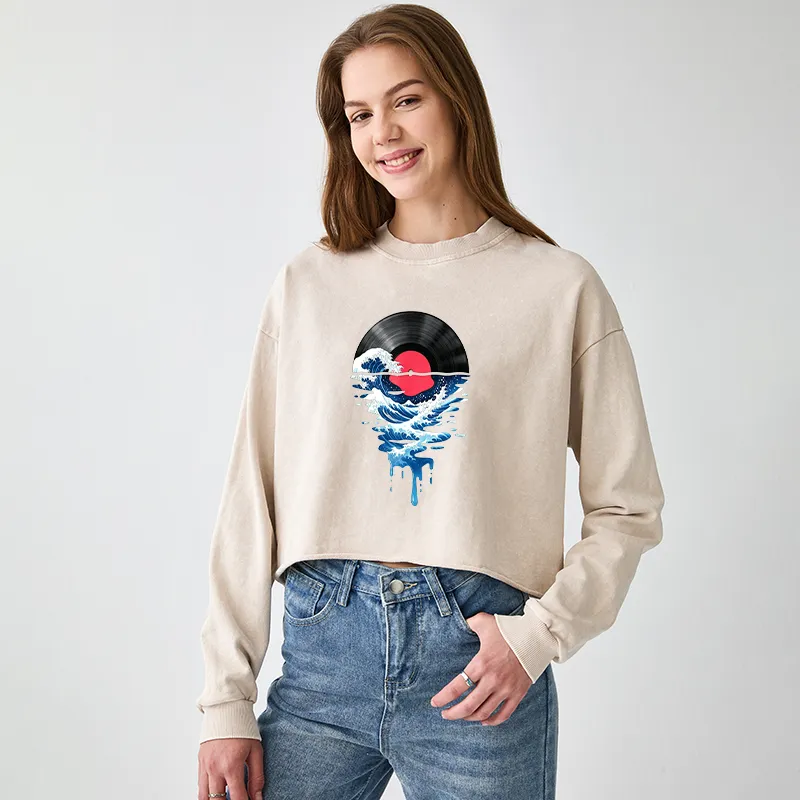 Tokyo-Tiger Vinyl Records And Waves Washed Crop Sweatshirt