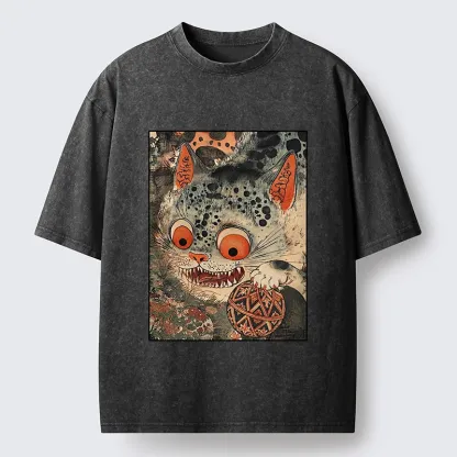 Tokyo‑Tiger Funny Yokai Cat Washed T‑Shirt