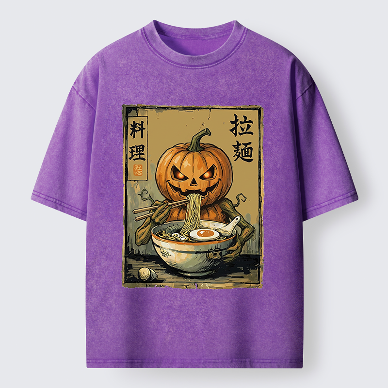Tokyo‑Tiger Pumpkin Eating Ramen Washed T‑Shirt