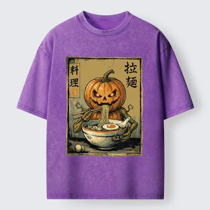 Tokyo‑Tiger Pumpkin Eating Ramen Washed T‑Shirt