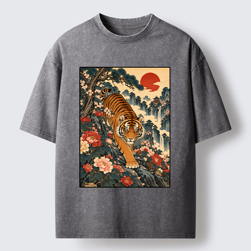 Tokyo-Tiger Vintage Ukiyo Wild Tiger Floral Graphic Washed T-Shirt