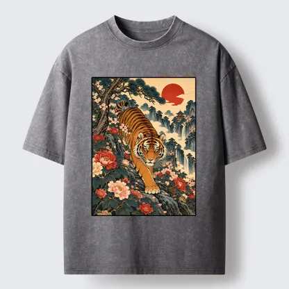Tokyo-Tiger Vintage Ukiyo Wild Tiger Floral Graphic Washed T-Shirt