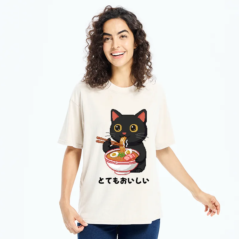 Tokyo-Tiger Black Cat Eats Ramen Pixel Art Style Washed T-Shirt