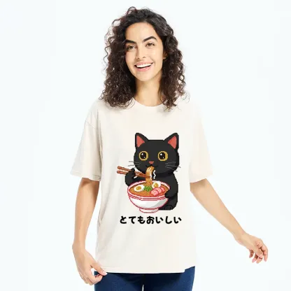 Tokyo-Tiger Black Cat Eats Ramen Pixel Art Style Washed T-Shirt