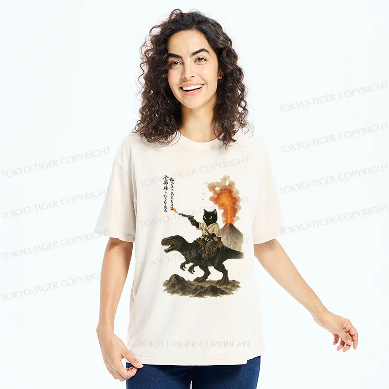 Tokyo-Tiger Cat Riding A Dinosaur Washed T-Shirt