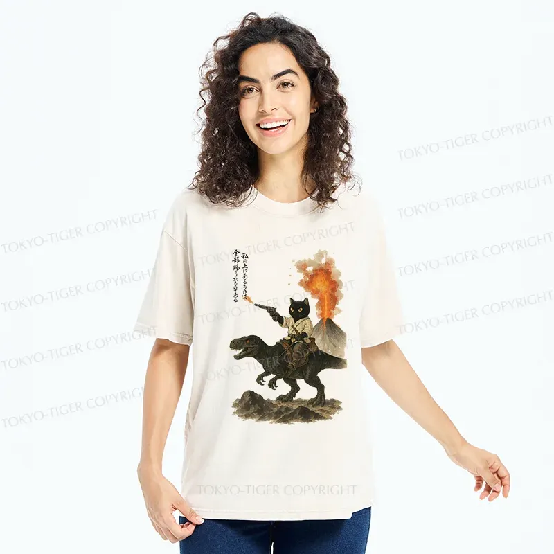Tokyo-Tiger Cat Riding A Dinosaur Washed T-Shirt