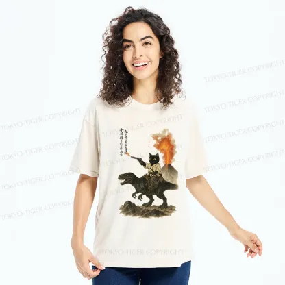 Tokyo-Tiger Cat Riding A Dinosaur Washed T-Shirt