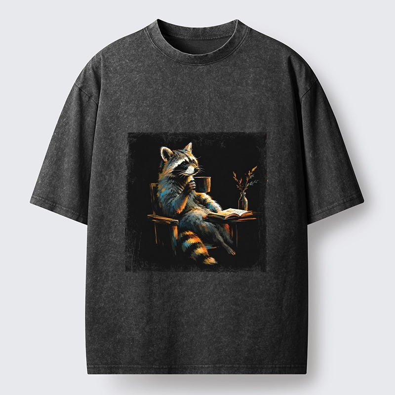 Tokyo‑Tiger Cozy Raccoon Reader Washed T‑Shirt