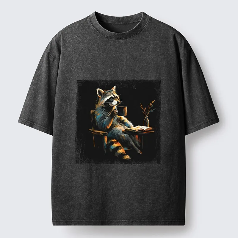 Tokyo‑Tiger Cozy Raccoon Reader Washed T‑Shirt