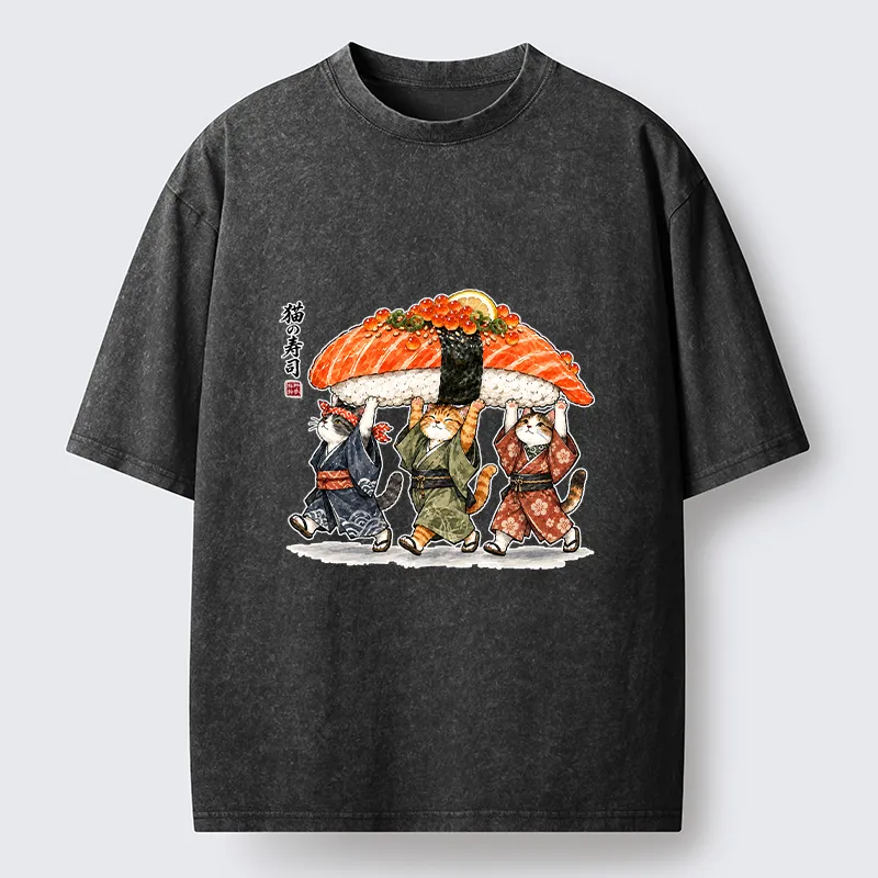 Tokyo-Tiger Funny Sushi Cat Crew Washed T-Shirt
