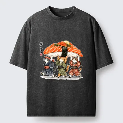 Tokyo-Tiger Funny Sushi Cat Crew Washed T-Shirt