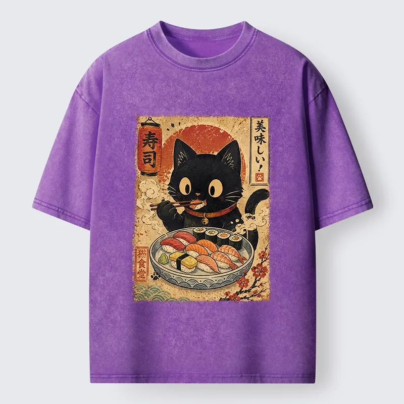 Tokyo‑Tiger Japanese Food Cat Washed T‑Shirt