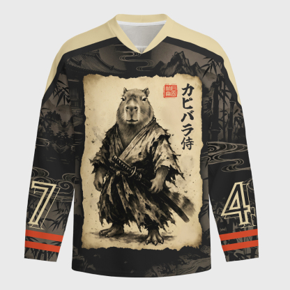 Tokyo-Tiger Calm Blade Capybara Samurai Long-Sleeve Hockey Jersey