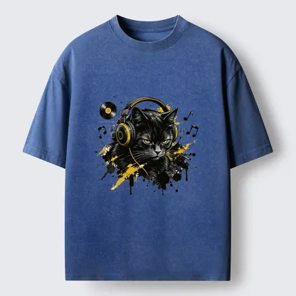 Tokyo-Tiger Black Cat Music Lover Washed T-Shirt