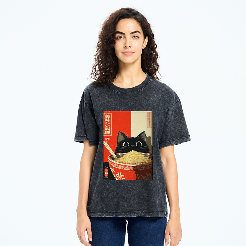 Tokyo-Tiger Cat Eats A Large Portion Of Ramen Washed T-Shirt