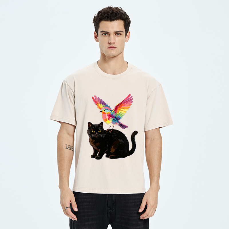 Tokyo‑Tiger Rainbow Bird With Cat Washed T‑Shirt