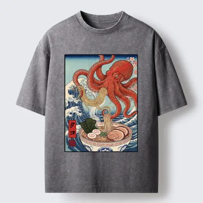 Tokyo-Tiger Octopus Eating Ramen Ukiyo Art Washed T-Shirt