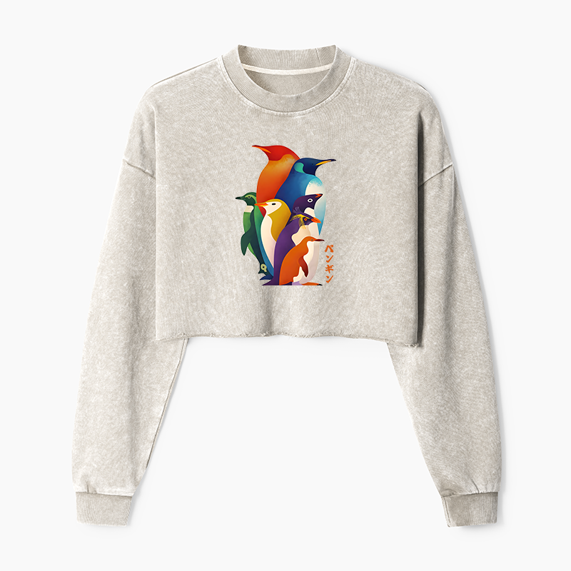 Tokyo-Tiger Cute Multi Tone Penguins Washed Crop Sweatshirt