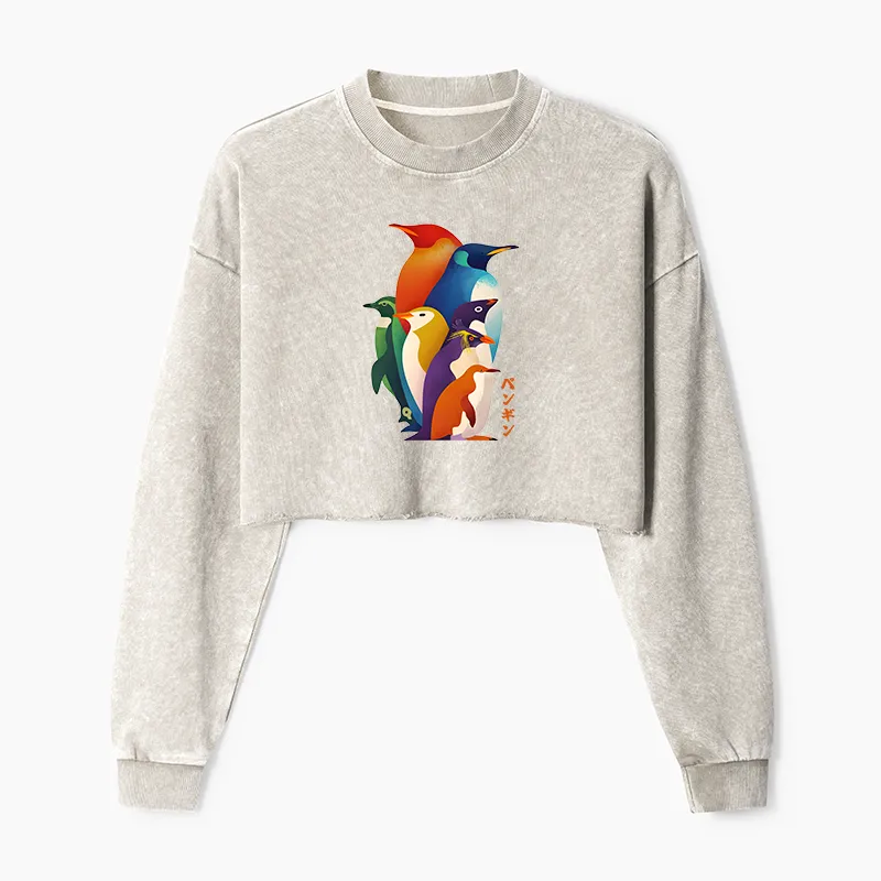 Tokyo-Tiger Cute Multi Tone Penguins Washed Crop Sweatshirt