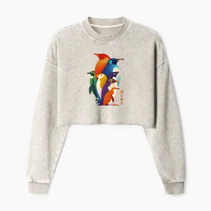 Tokyo-Tiger Cute Multi Tone Penguins Washed Crop Sweatshirt