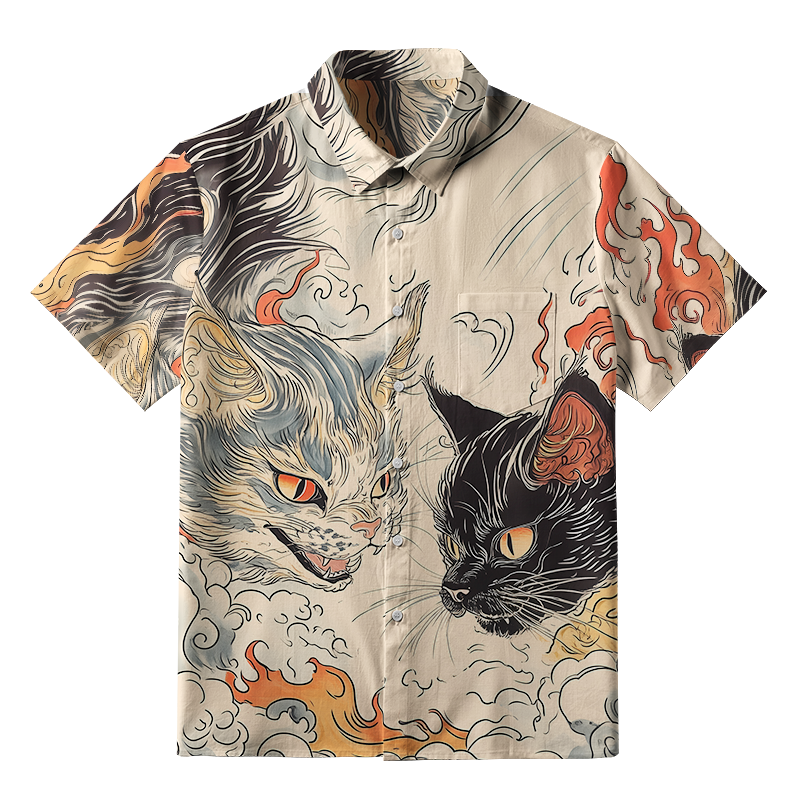 Tokyo-Tiger Two Cats In The Auspicious Clouds Button-up Shirt