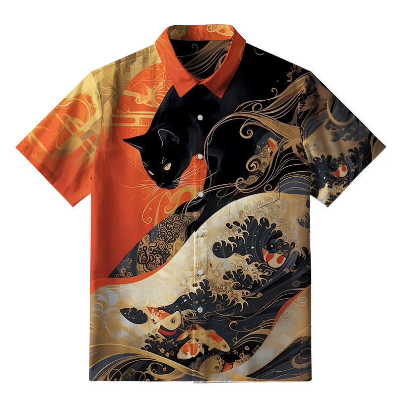 Tokyo-Tiger Koi Wave Under The Black Cat Button-up Shirt