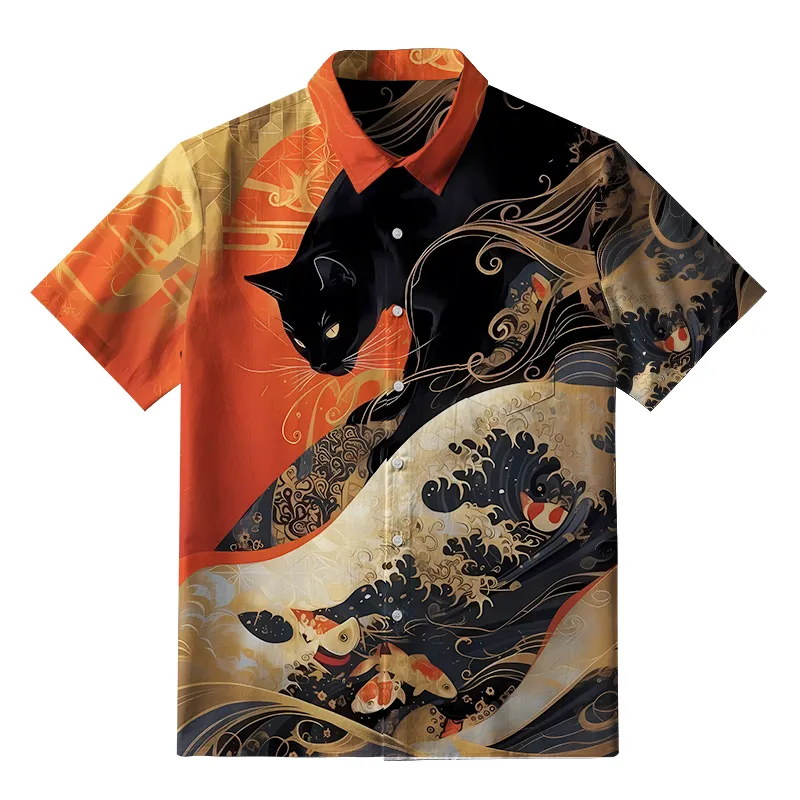 Tokyo-Tiger Koi Wave Under The Black Cat Button-up Shirt