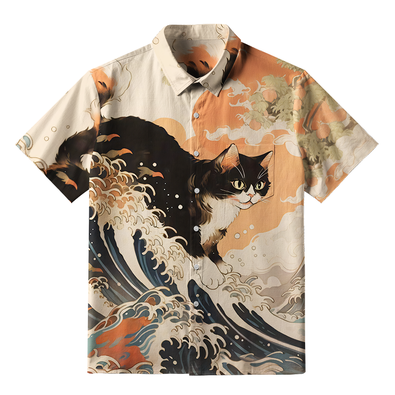 Tokyo-Tiger Surfing Japanese Cat Button-up Shirt