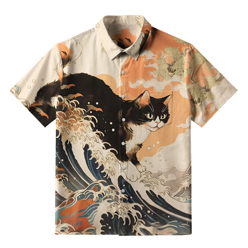 Tokyo-Tiger Surfing Japanese Cat Button-up Shirt