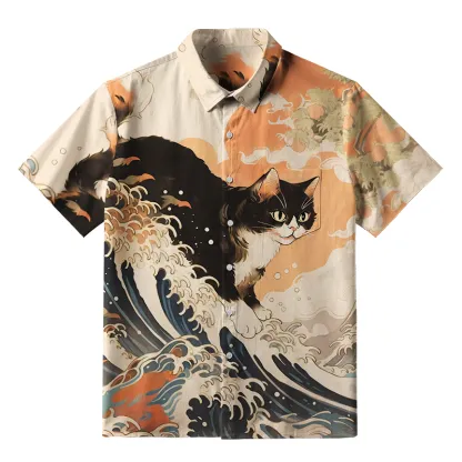 Tokyo-Tiger Surfing Japanese Cat Button-up Shirt