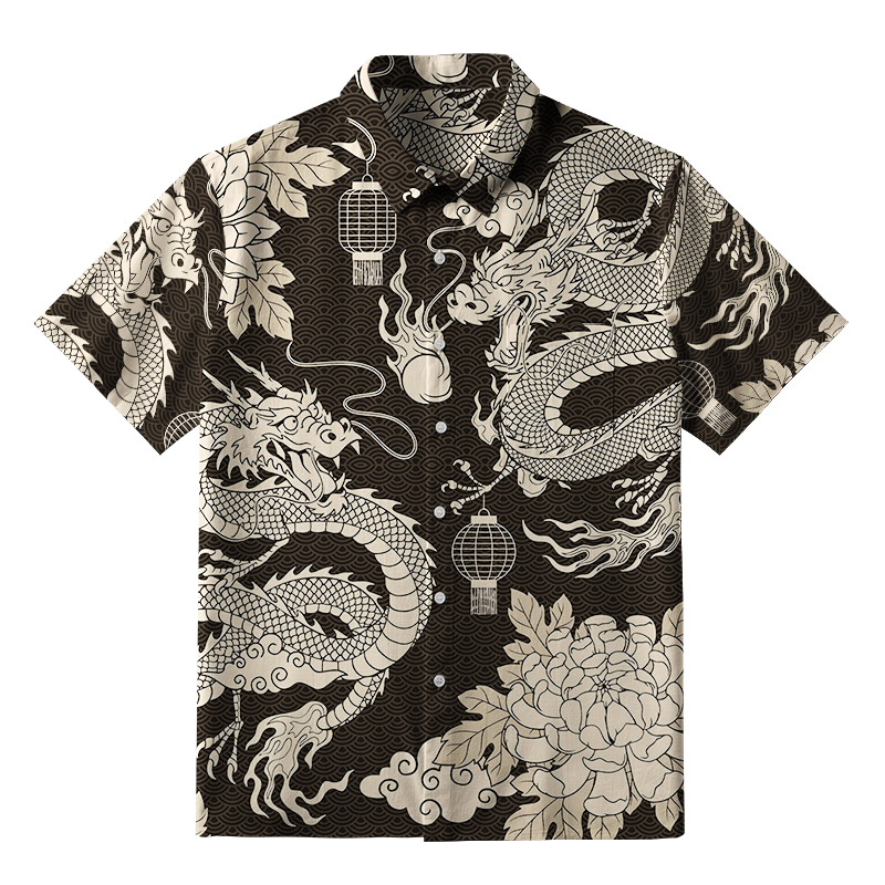 Tokyo-Tiger Two Dragons Playing With A Pearl Button-up Shirt
