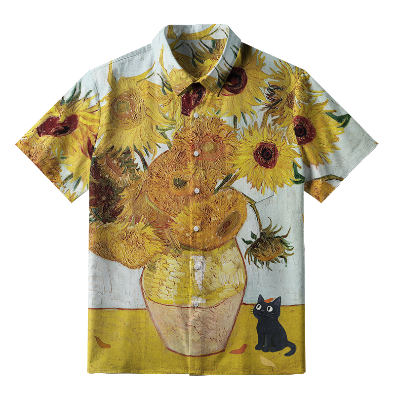 Tokyo-Tiger Sunflower And Black Cat Button-up Shirt