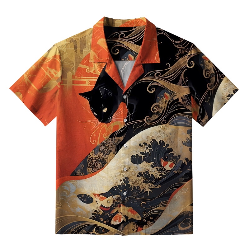 Tokyo-Tiger Koi Wave Under The Black Cat Aloha Hawaiian Shirt