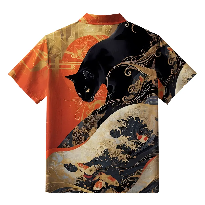 Tokyo-Tiger Koi Wave Under The Black Cat Button-up Shirt
