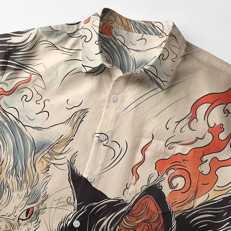Tokyo-Tiger Two Cats In The Auspicious Clouds Button-up Shirt