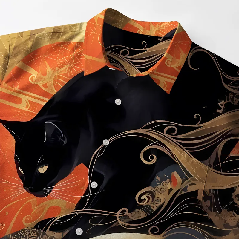 Tokyo-Tiger Koi Wave Under The Black Cat Button-up Shirt