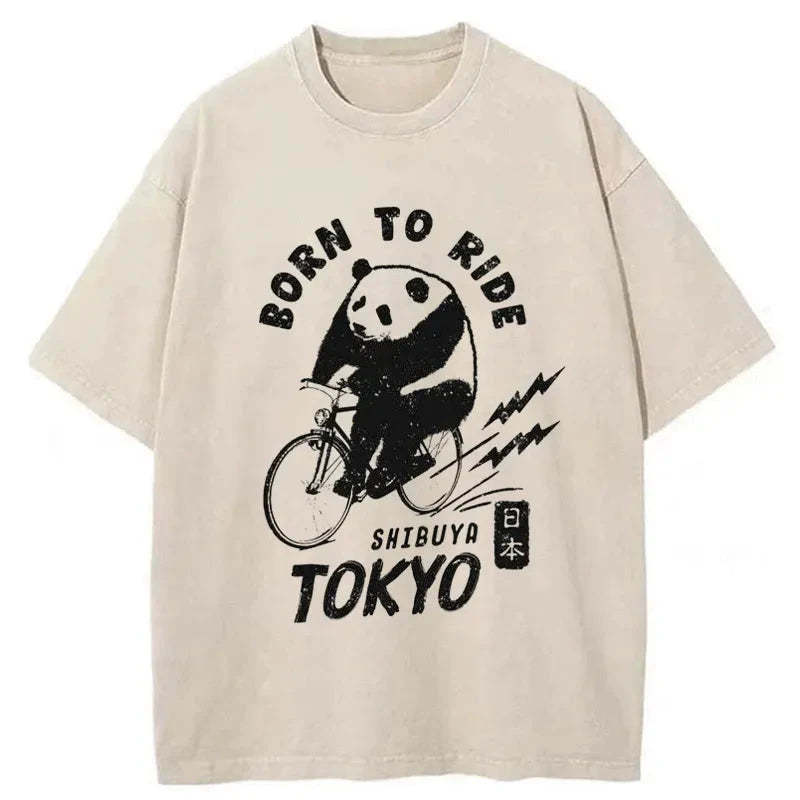 Tokyo-Tiger Pandas Ride Bicycles Washed T-Shirt